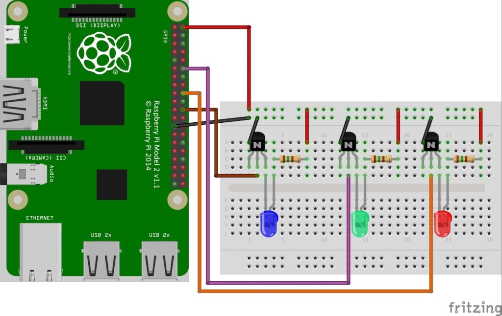 Steckplatinen-Schaubild des Anschluss von 3 LEDs am Raspberry Pi