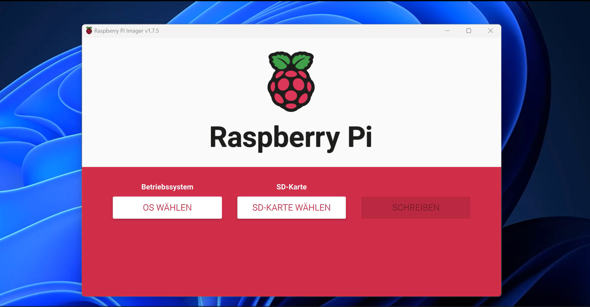 Startmenü des Raspberry Pi Imager